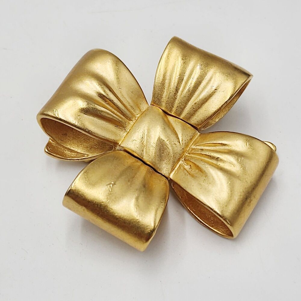Vintage Signed Elizabeth Arden Matte Gold Bow Dimensional Brooch Hard To Find